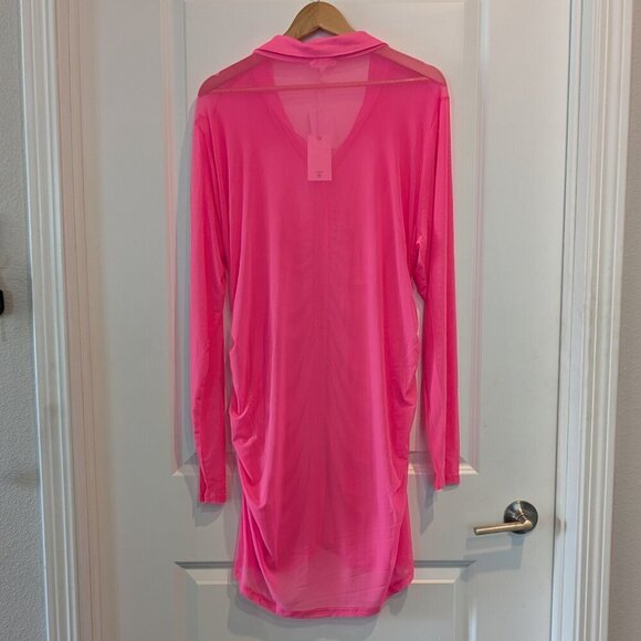 Good American Ruched Sheer Mini Shirt Dress Size 4XL Pink Long Sleeve Button NWT - Picture 4 of 16